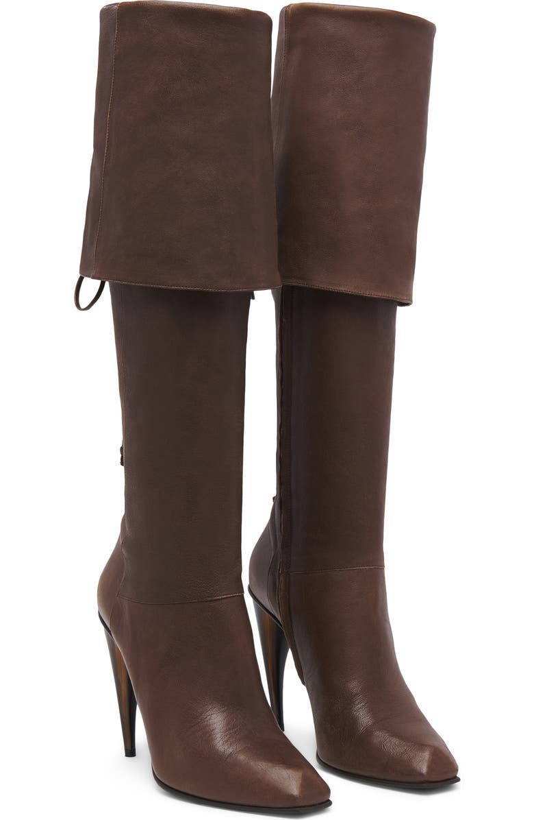 McQueen Horn Shaped Heel Lace-Up Knee High Boot, Main, color, Coffee