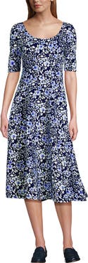 Lands' End Starfish Elbow Sleeve Midi Fit and Flare Dress