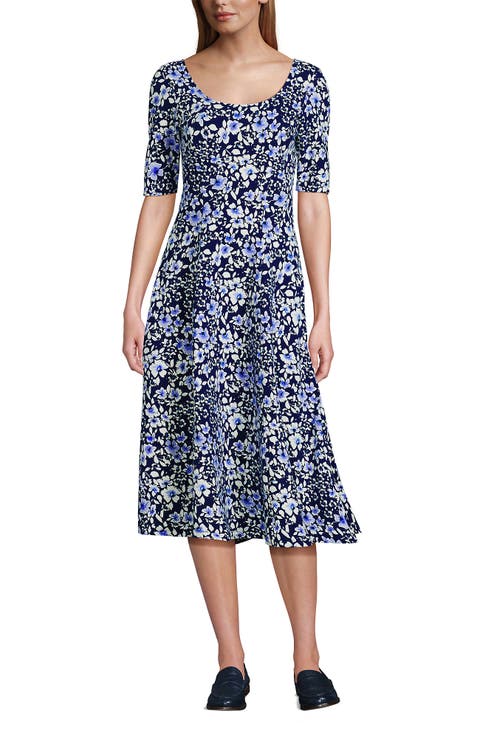 Lands' End Starfish Elbow Sleeve Midi Fit and Flare Dress