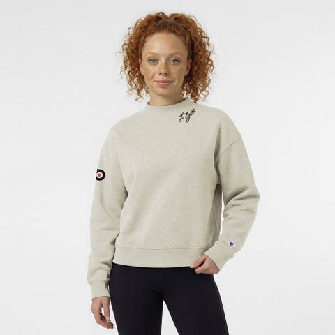 Women's Champion Oatmeal Philadelphia Flyers Collar Script Triumph Fleece Crewneck Sweatshirt