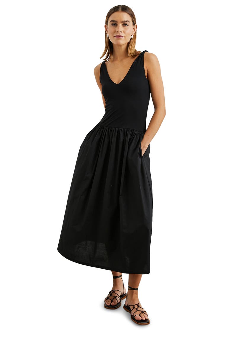 Franca Mixed Media Sleeveless Midi Dress, Alternate, color, BLACK
