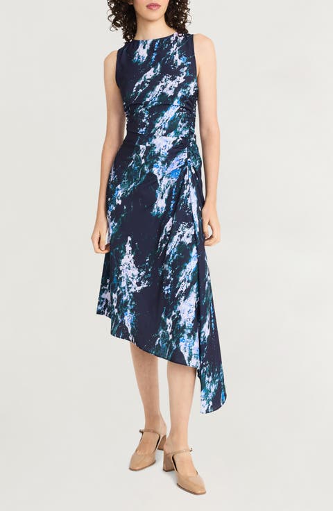 Sleeveless Ruched Asymmetric Midi Dress