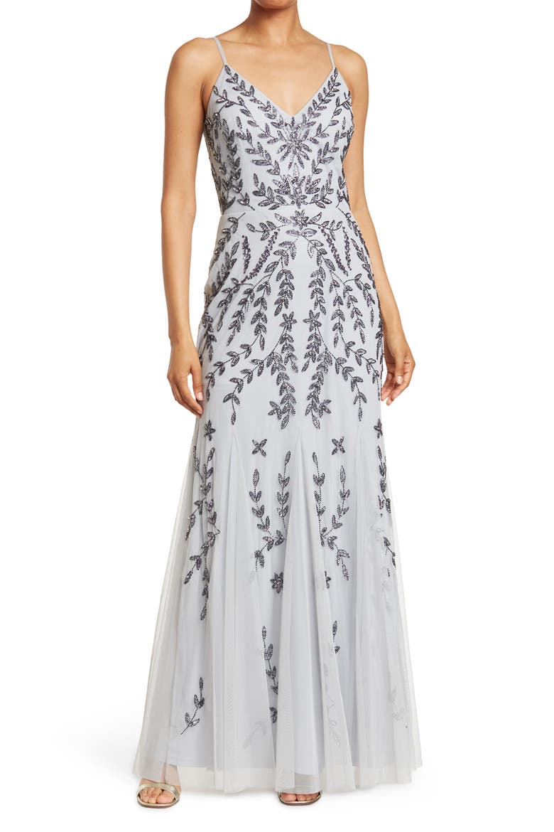 Beaded V-Neck Gown, Main, color, BLUE