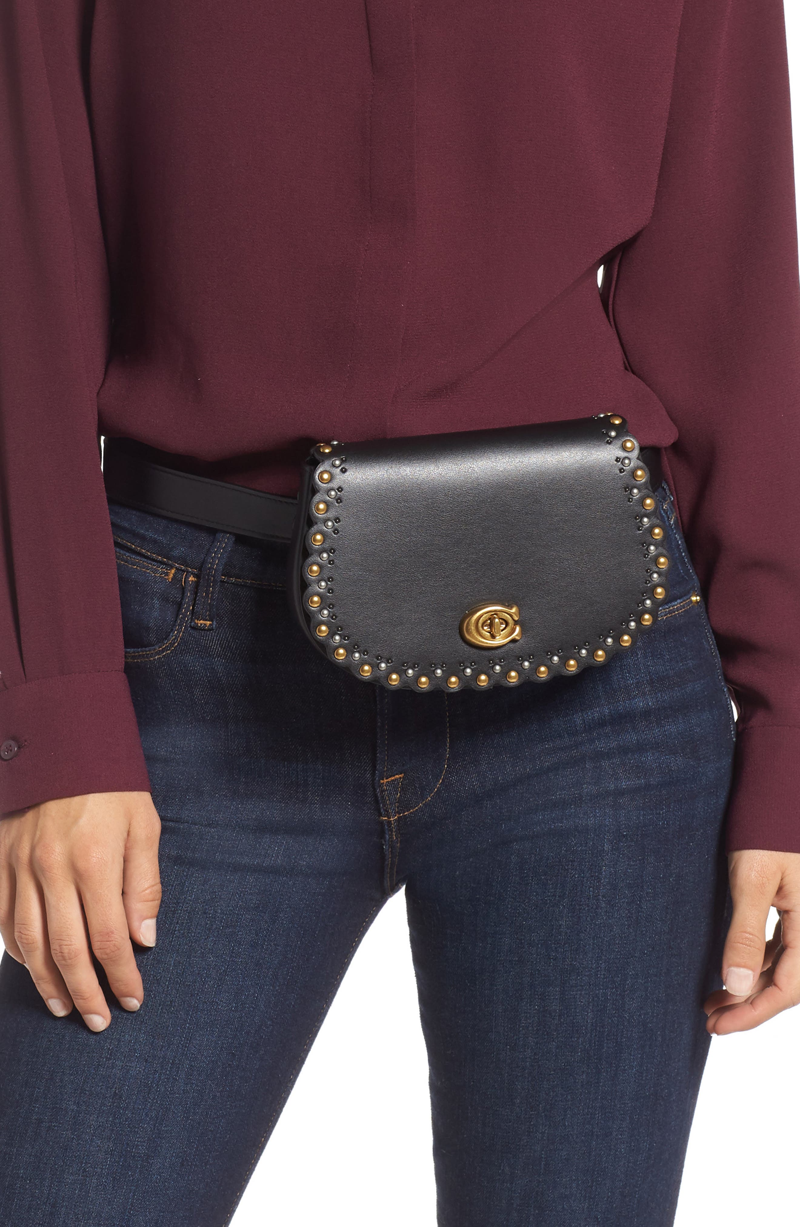 COACH Scallop Rivets Calfskin Leather Belt Bag, Alternate, color, 