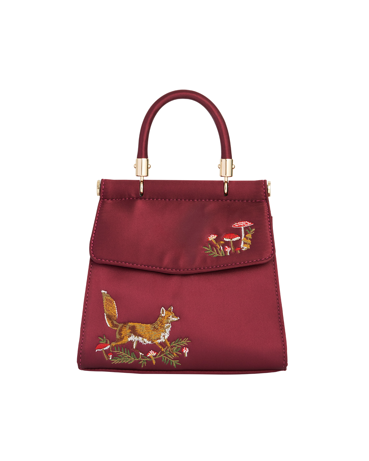 Fable England Fox & Mushroom Embroidered Burgundy Satin Tote, Main, color, Red