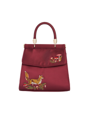 Fable England Fox & Mushroom Embroidered Burgundy Satin Tote