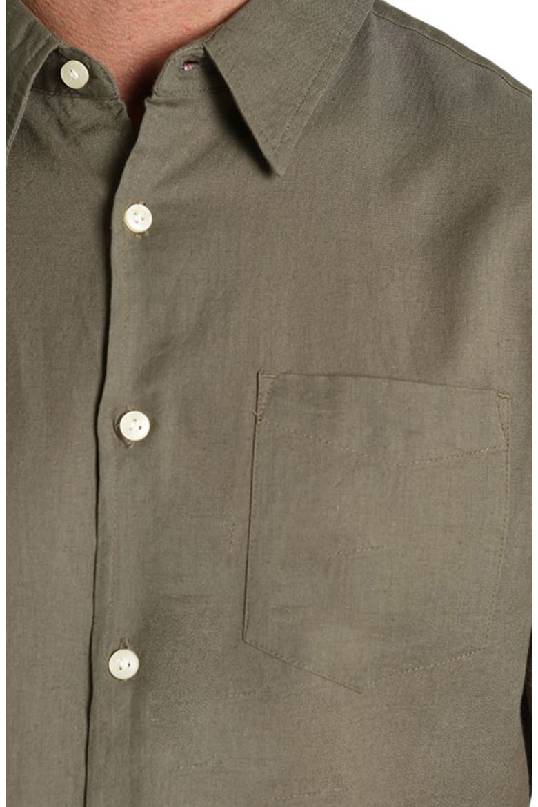 Solid Short Sleeve Cotton & Linen Button-Up Shirt, Alternate, color, ARMY