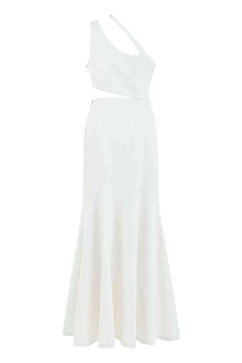 Ron Asymmetric White Denim Maxi Dress, Alternate, color, White