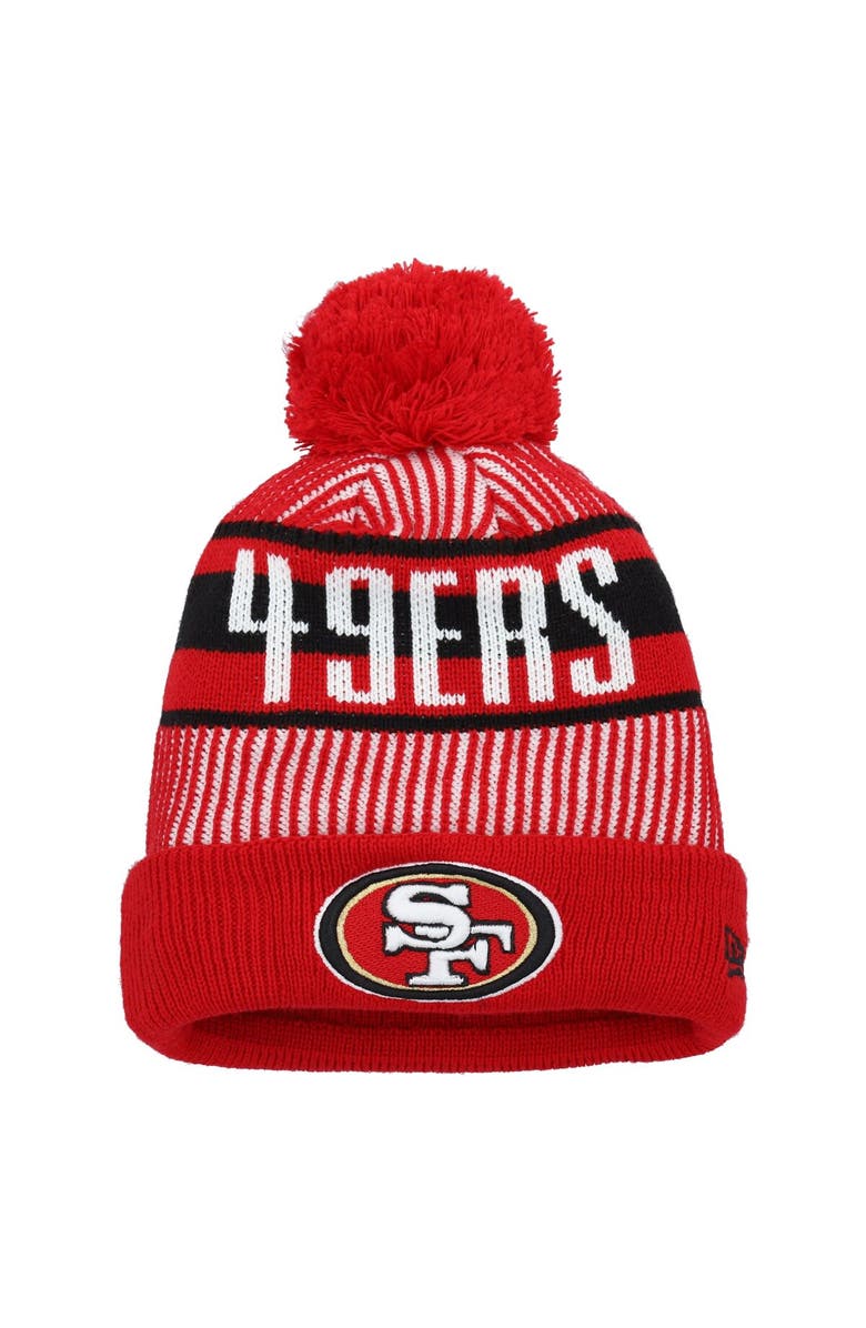 New Era Youth New Era Scarlet San Francisco 49ers Striped Cuffed Knit Hat with Pom, Main, color,
