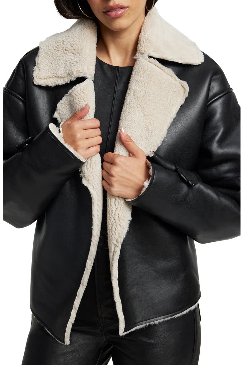 Faux Leather & Faux Shearling Oversize Jacket, Main, color, BLACK001