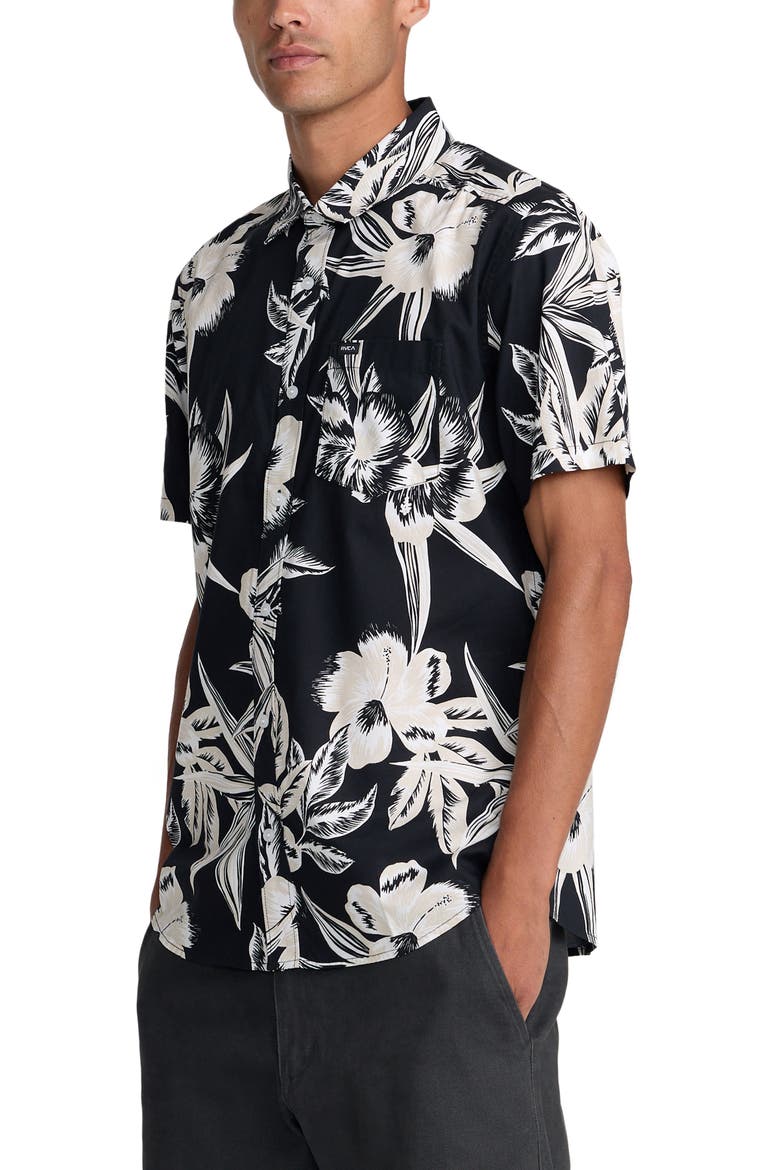 Overspray Floral Short Sleeve Button-Up Shirt, Alternate, color, BLACK