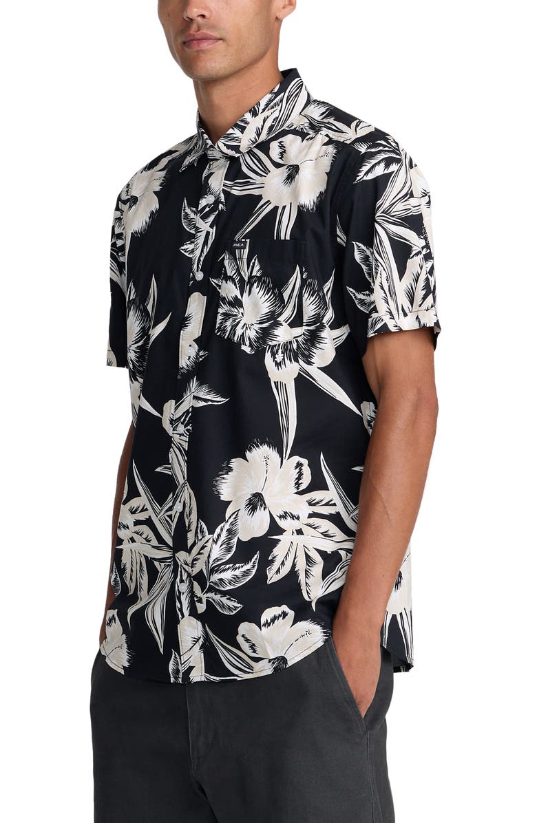 RVCA Overspray Floral Short Sleeve Button-Up Shirt, Alternate, color, Black