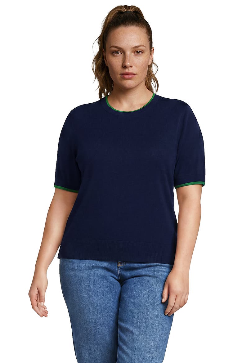 Plus Size Double Trim Cotton Crew Neck Tee Sweater, Main, color, Deep Sea Navy/Clover