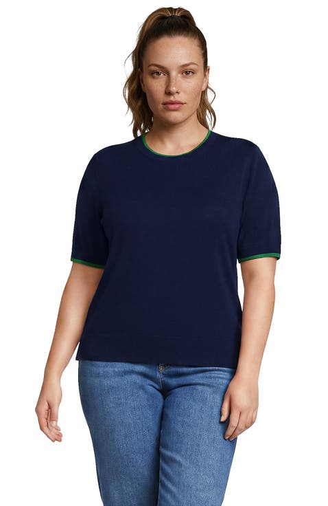Plus Size Double Trim Cotton Crew Neck Tee Sweater