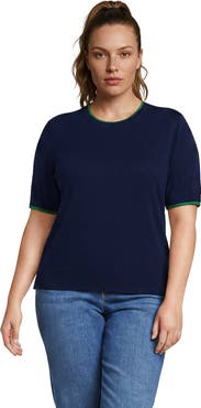 Lands' End Plus Size Double Trim Cotton Crew Neck Tee Sweater