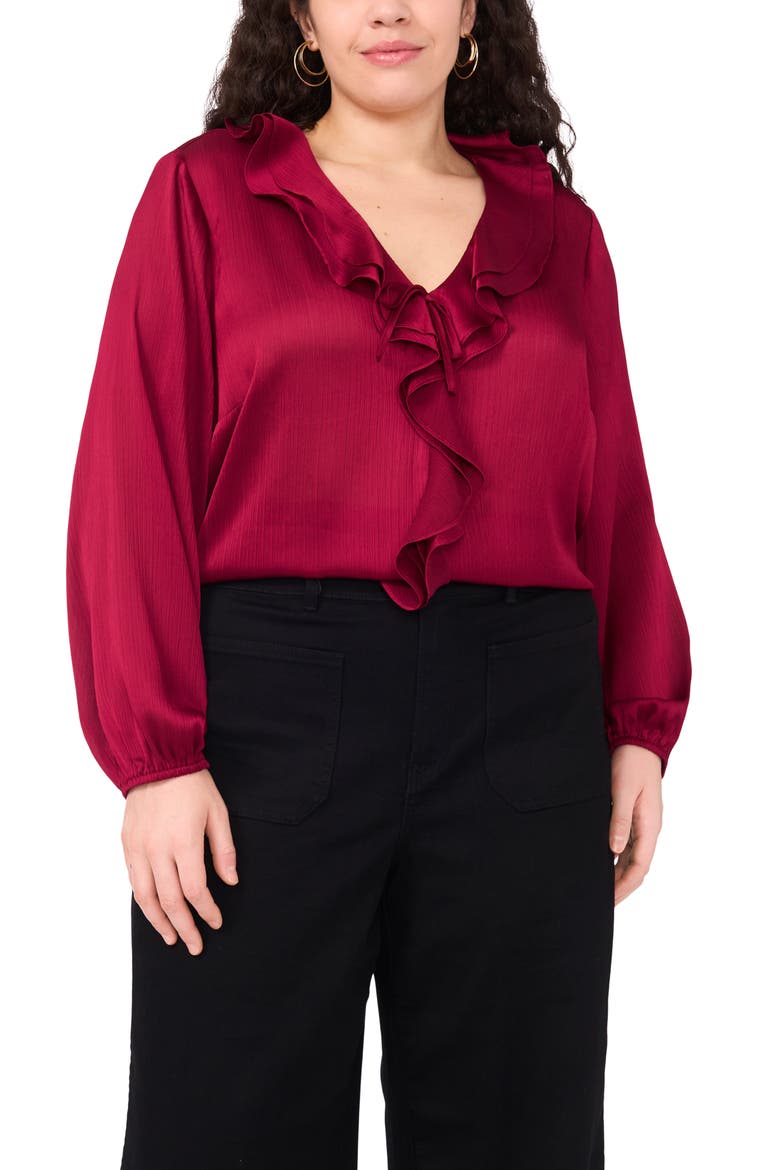 Double Ruffle Detail Textured Satin Top, Main, color, DEEP SANGRIA