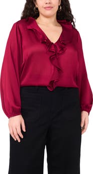 Vince Camuto Double Ruffle Detail Textured Satin Top