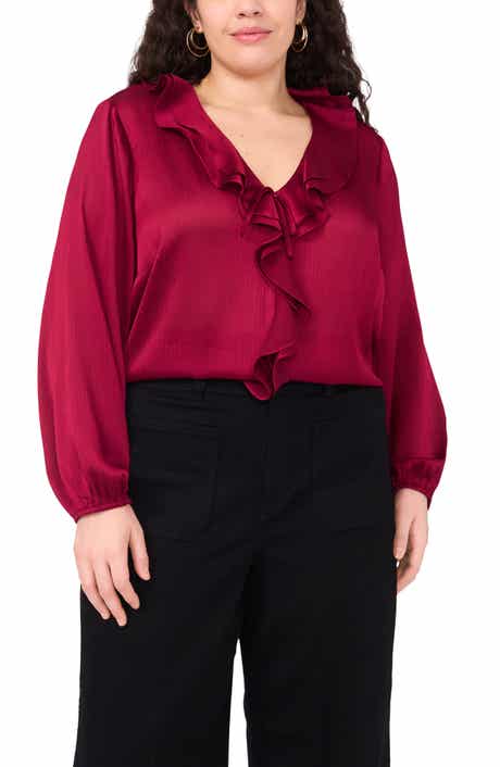 Vince Camuto Double Ruffle Detail Textured Satin Top