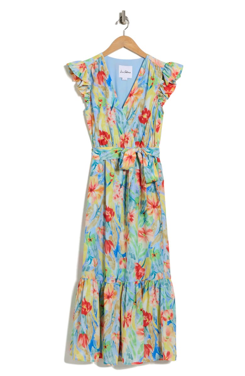 Sam Edelman Floral Flutter Sleeve Maxi Dress, Alternate, color, Blue Multi