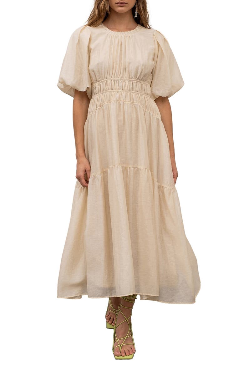 Puff Sleeve Shirred A-Line Dress, Main, color, CREAM