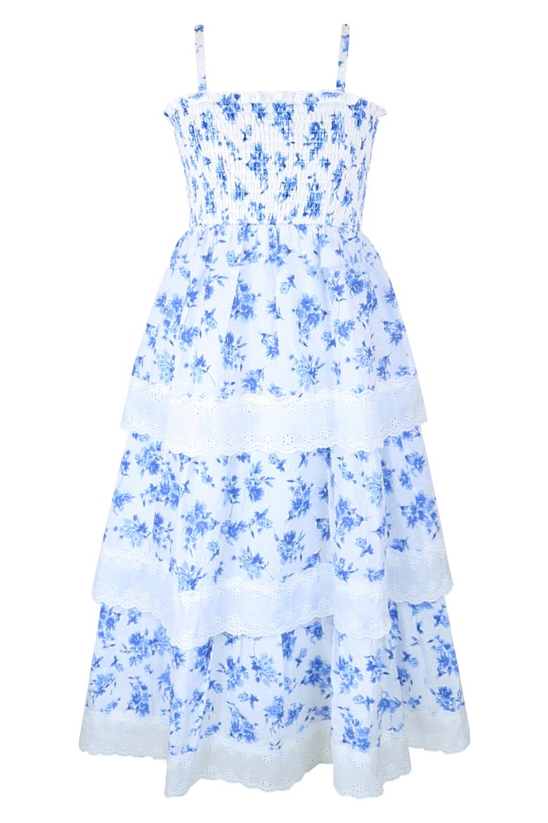 Kids' Smocked Bodice Maxi Dress, Main, color, WHITE/ BLUE