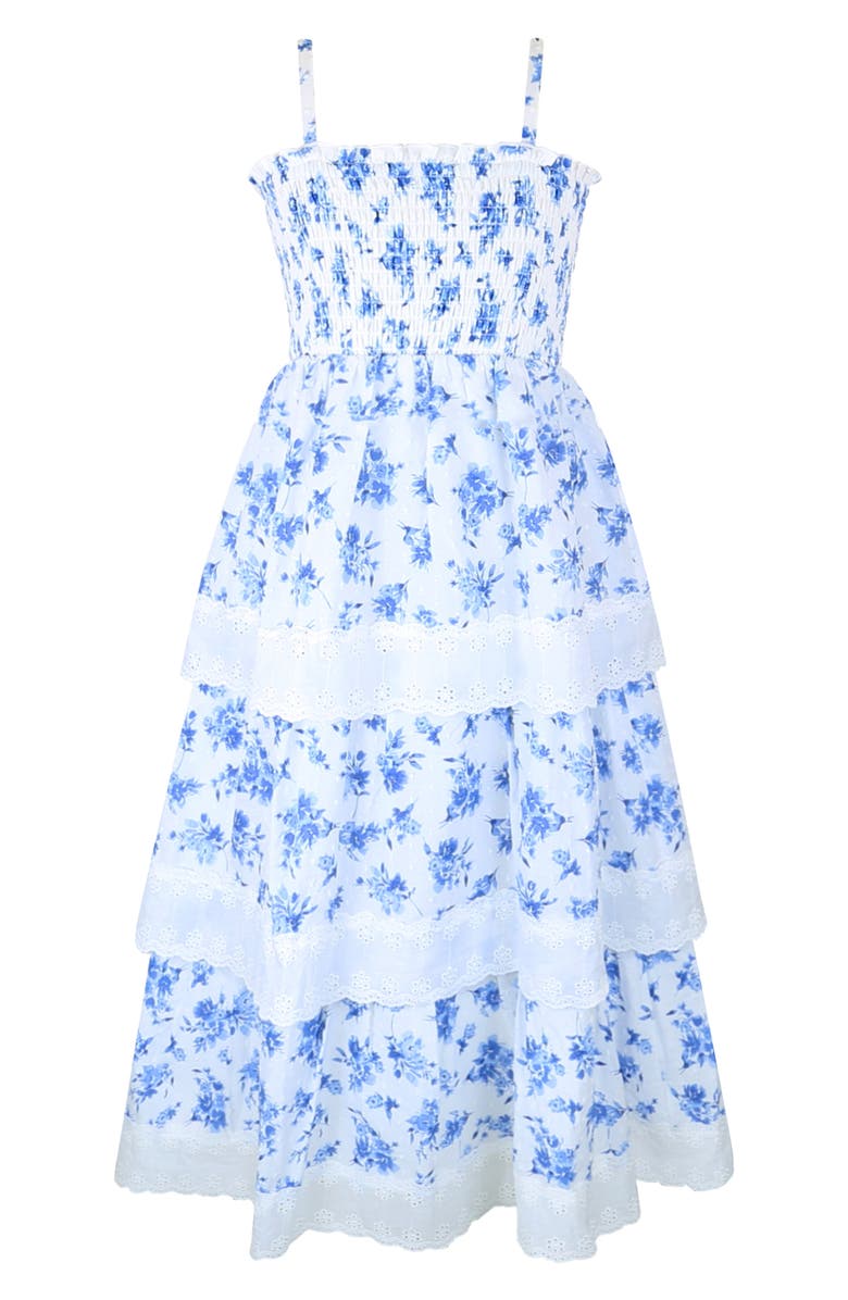 Zunie Kids' Smocked Bodice Maxi Dress, Main, color, White/ Blue