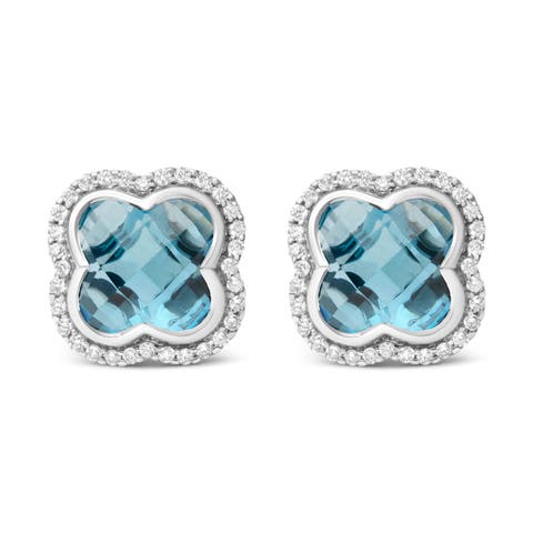 18K Gold 3/8 Cttw Diamond & London Blue Topaz Gemstone Halo Clover Stud Earrings