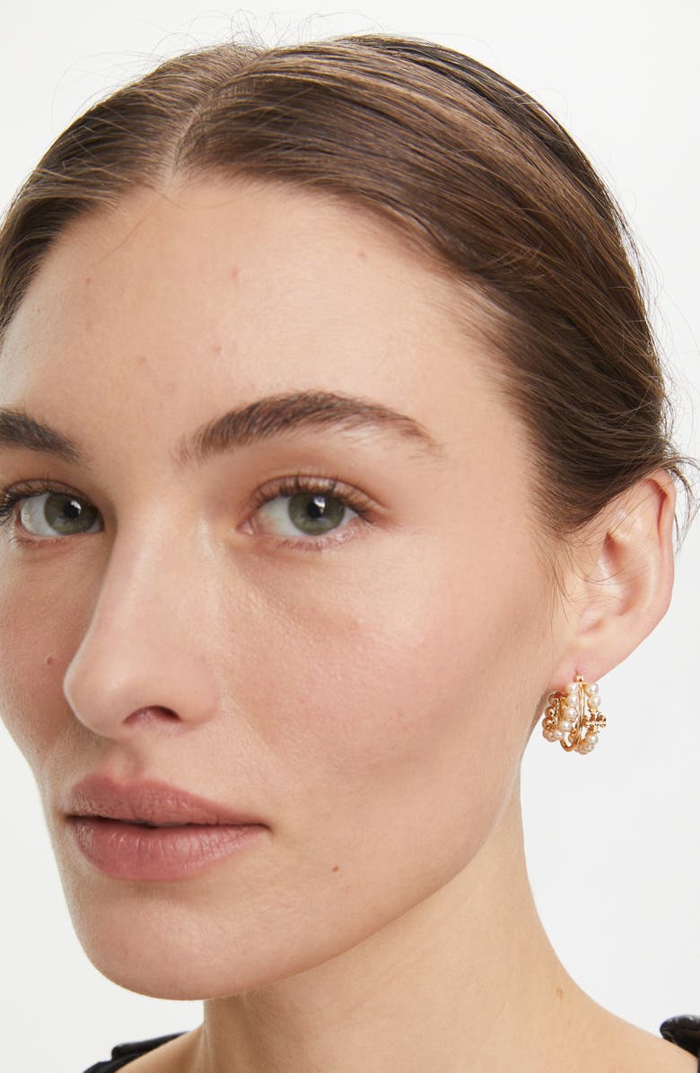 Tory Burch Kira Faux Pearl Triple Row Hoop Earrings, Alternate, color, 