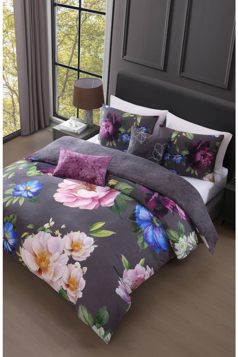 Elegant Blossoms 4-Piece Reversible Comforter Set, Alternate, color, GREY