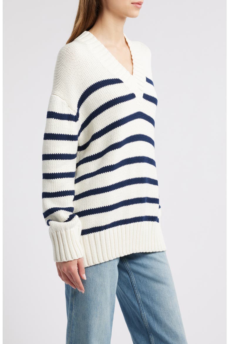 Penny Stripe V-Neck Cotton Sweater, Alternate, color, IVORY NAVY STRIPE