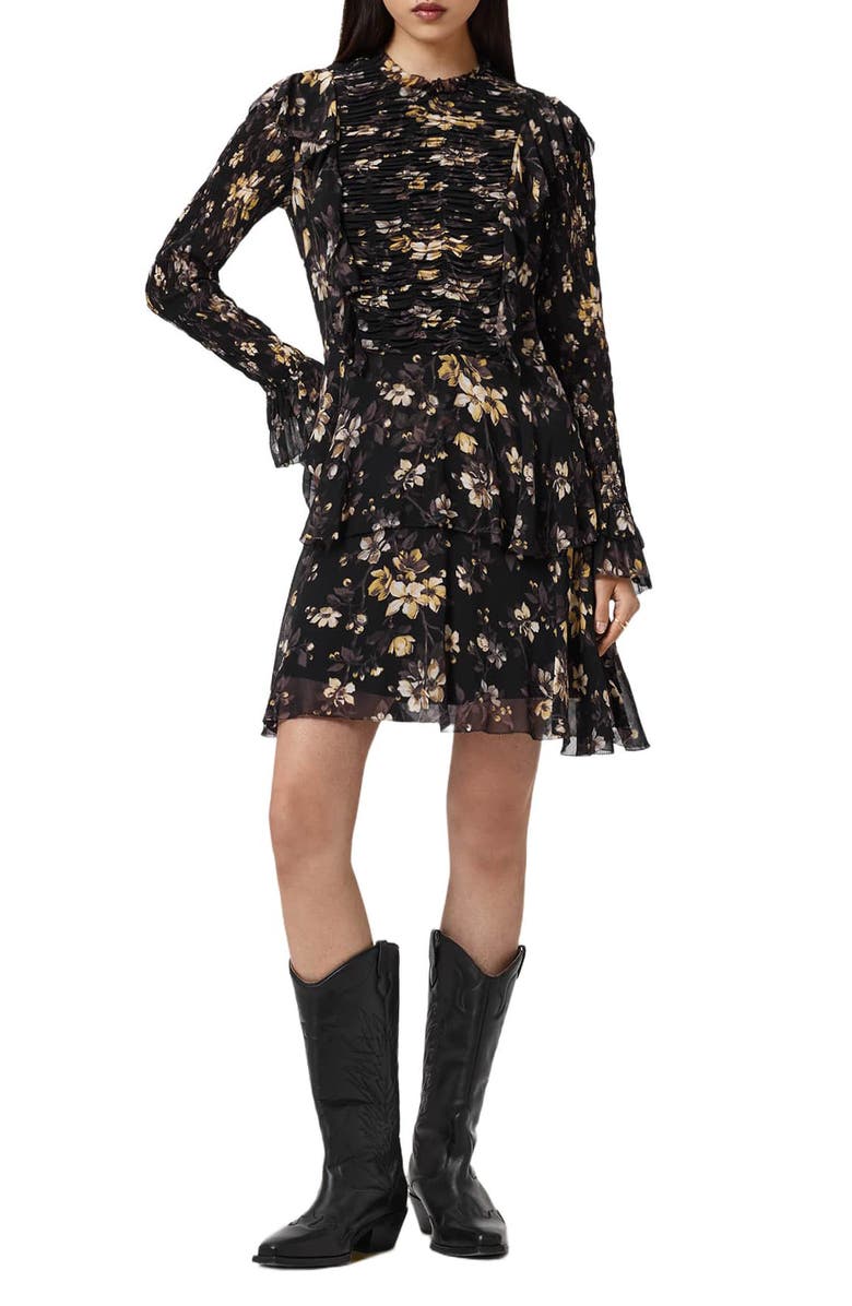 AllSaints Portia Floral Long Sleeve Dress, Main, color, Vine Black