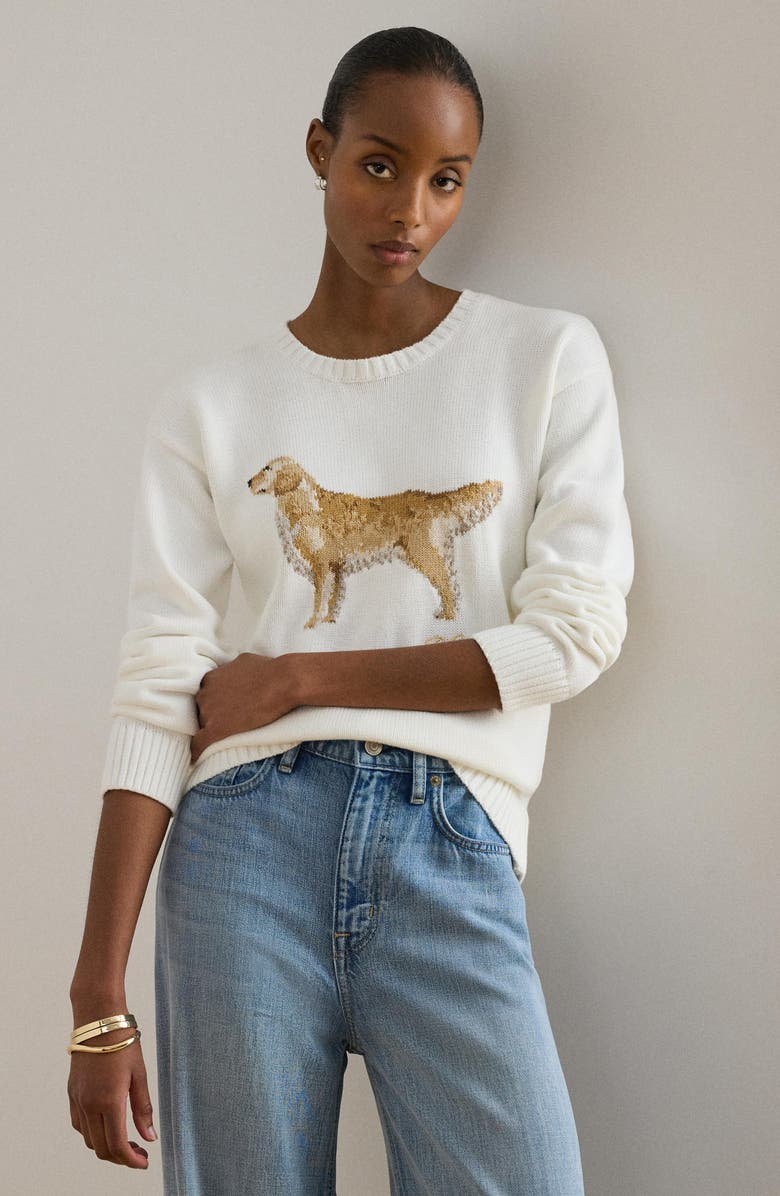 Lauren Ralph Lauren Golden Retriever Intarsia Cotton Sweater, Alternate, color, White/ Multi