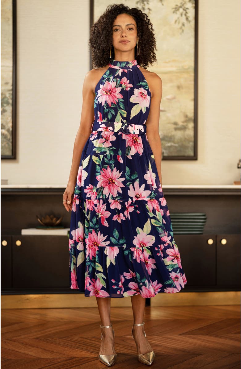 Yumi Floral Halter Neck Midi Dress, Alternate, color, Navy