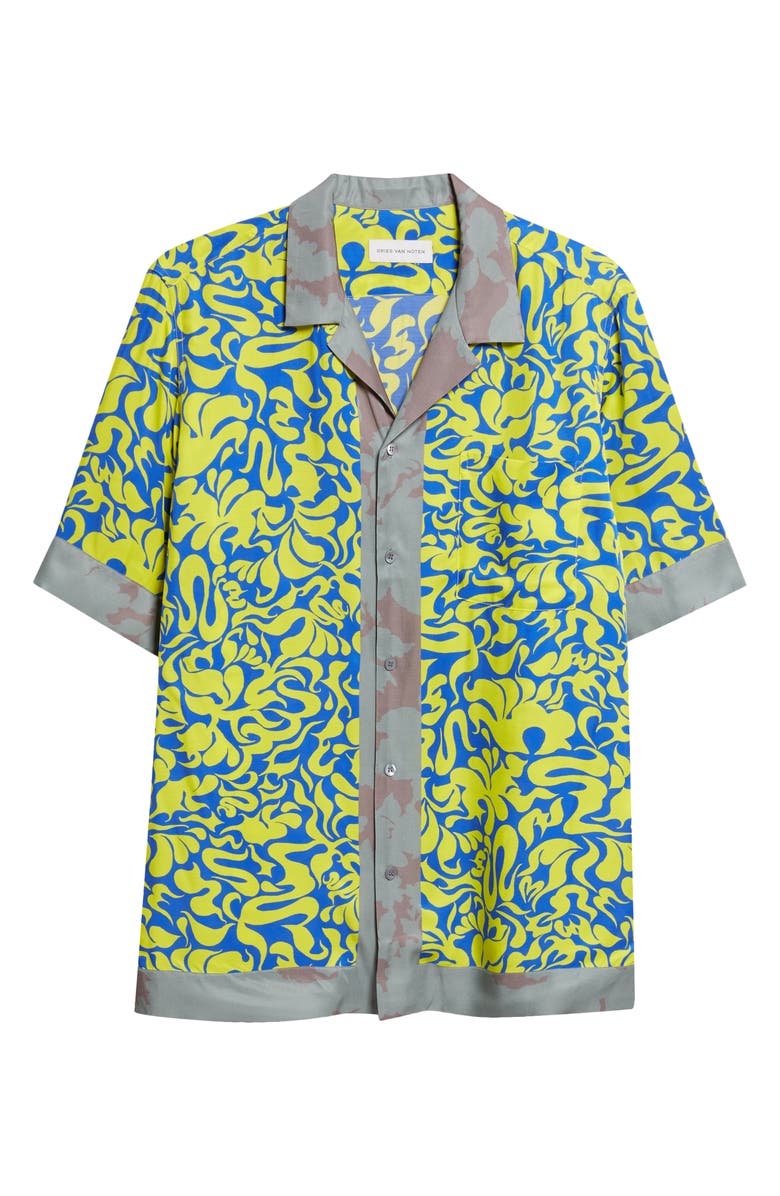 Dries Van Noten Carltone Mixed Print Satin Camp Shirt, Main, color, Yellow