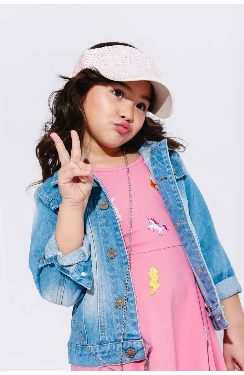 Lola + The Boys Sparkle Rainbow Heart Denim Jacket, Alternate, color, 