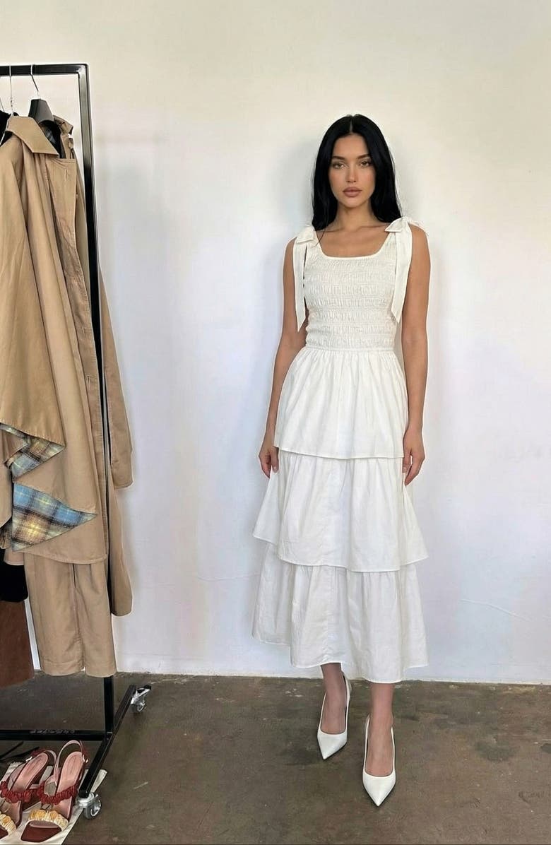 Modenaire Tiered Smocked Bow-Tie Strap Midi Dress, Alternate, color, Cream