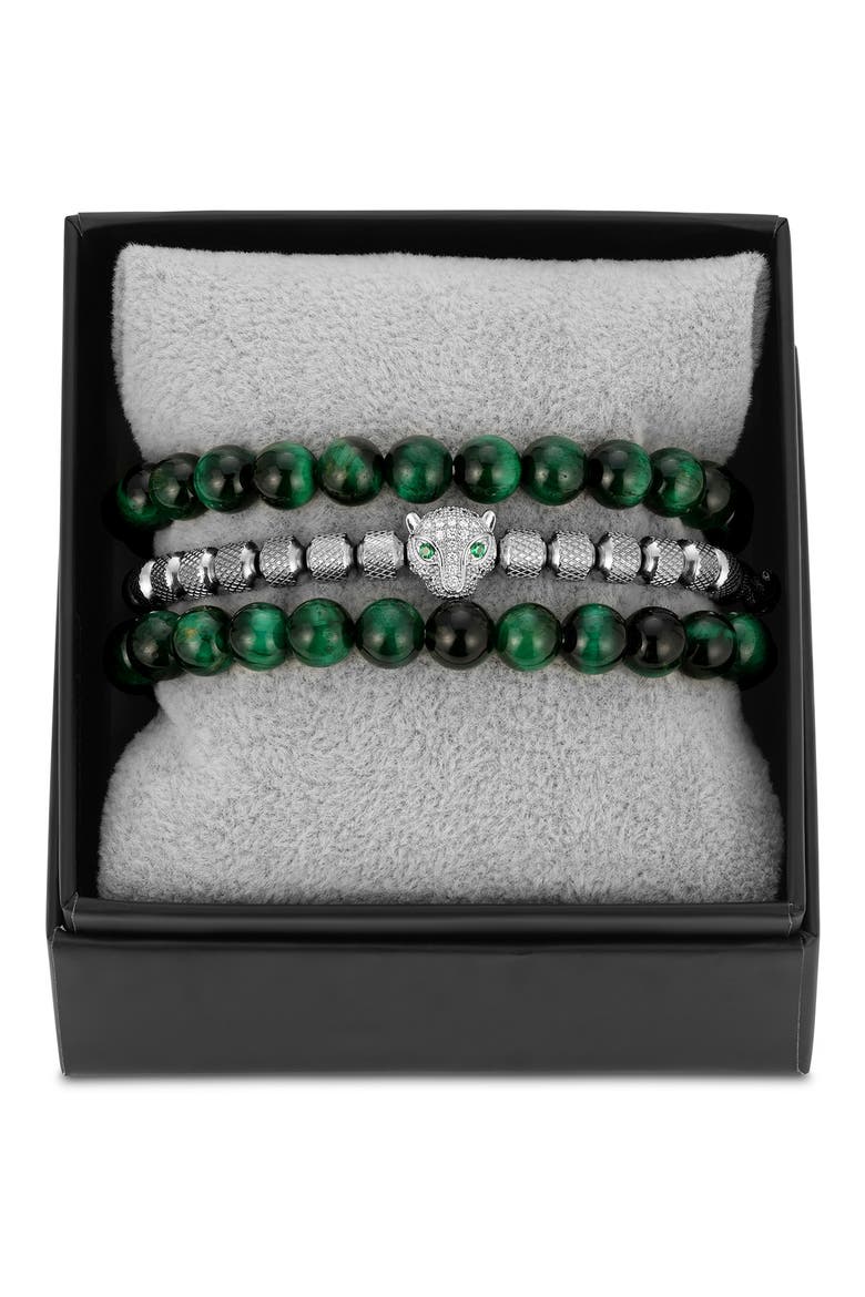 3-Pack Leopard Green Tigers' Eye Bracelets, Main, color, SILVER