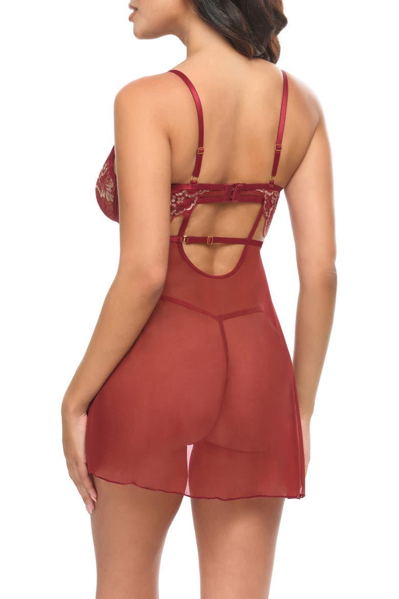Arielle Metallic Underwire Lace & Mesh Chemise & G-String Set, Alternate, color, SYRAH/ FROSTED ALMOND