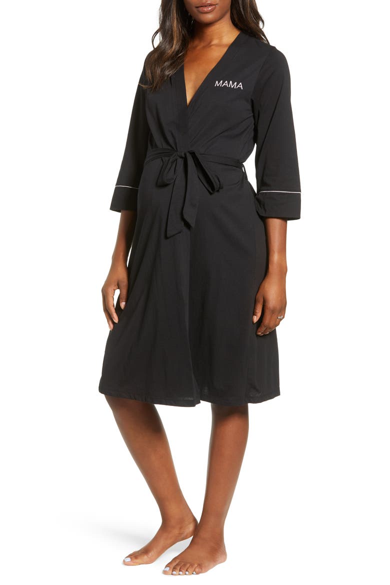 Mama Embroidered Maternity/Nursing Robe, Main, color, BLACK