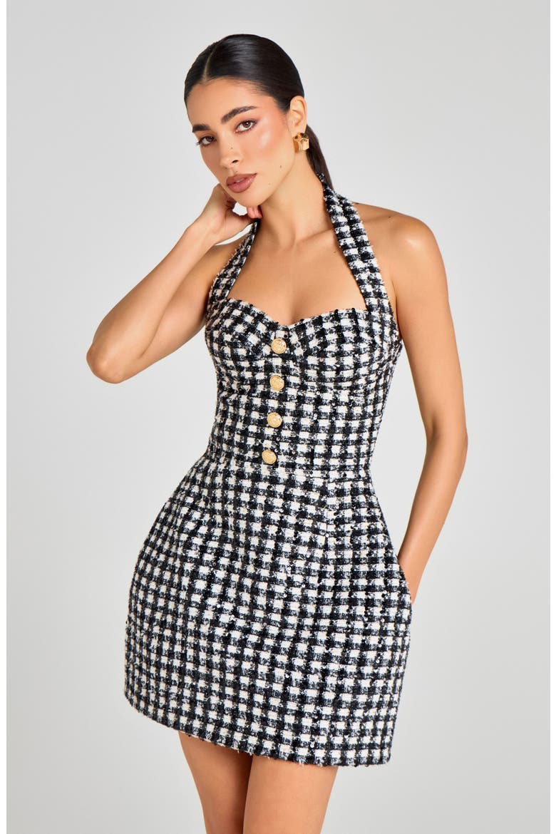 Metallic Tweed Halter Neck Cocktail Minidress, Alternate, color, BLACK / WHITE