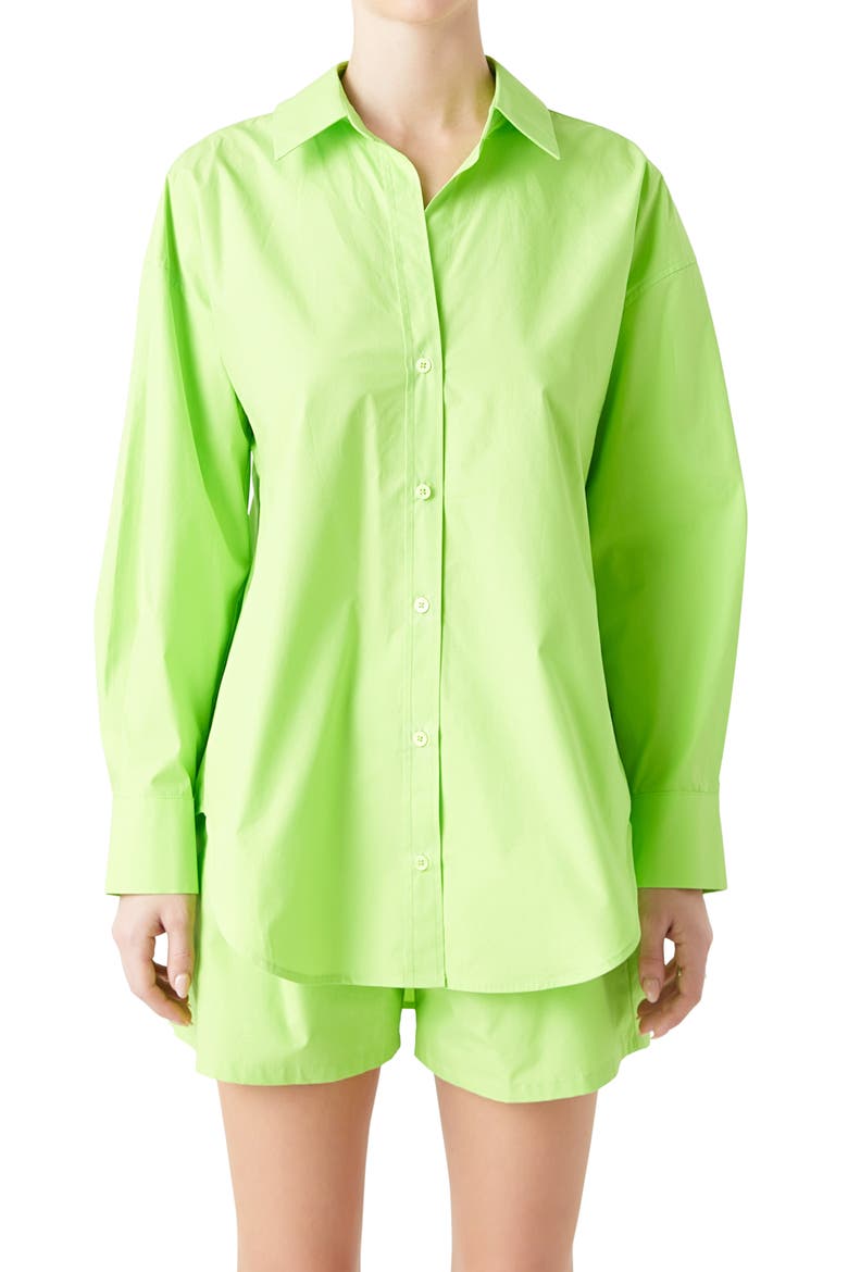 Oversize Cotton Button-Up Shirt, Alternate, color, LIME