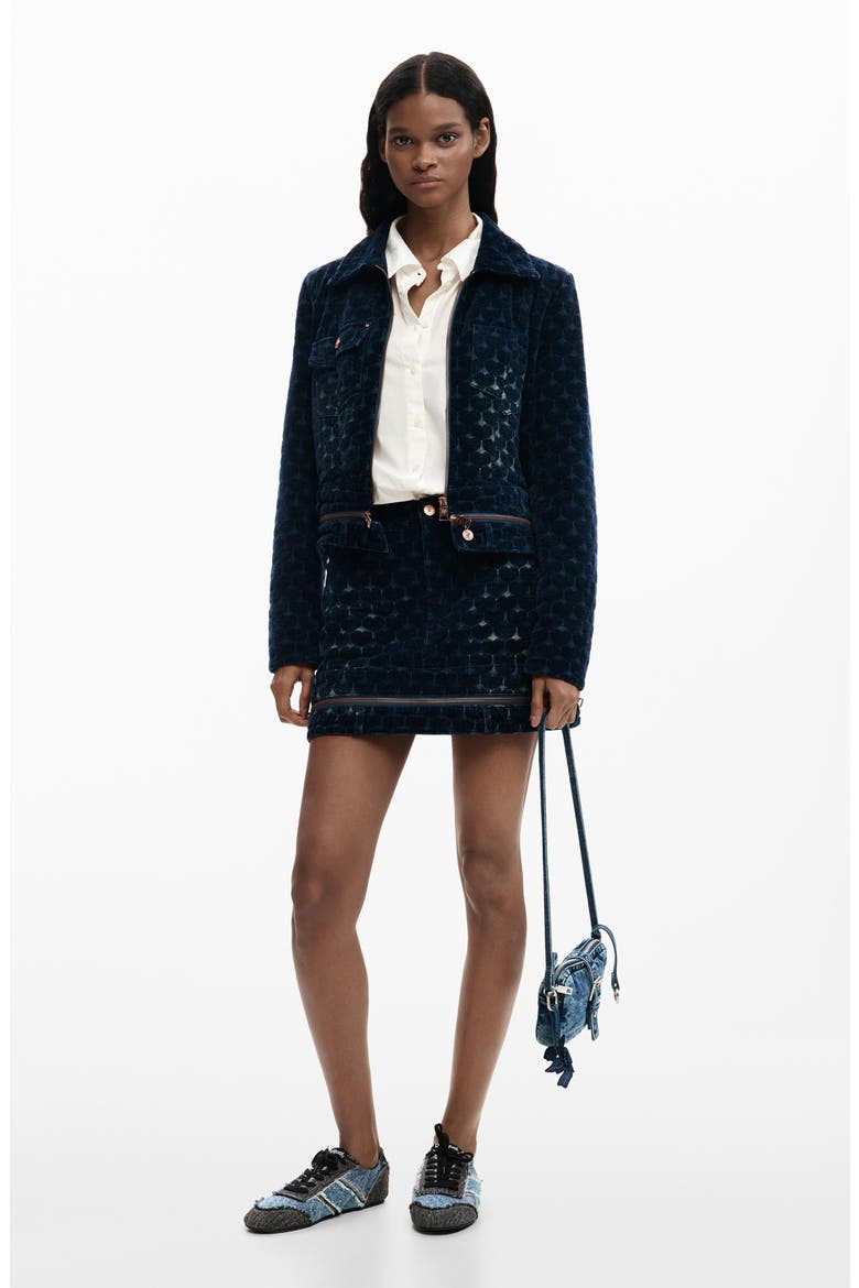 Flocked Denim Trucker Jacket, Alternate, color, DARK BLUE