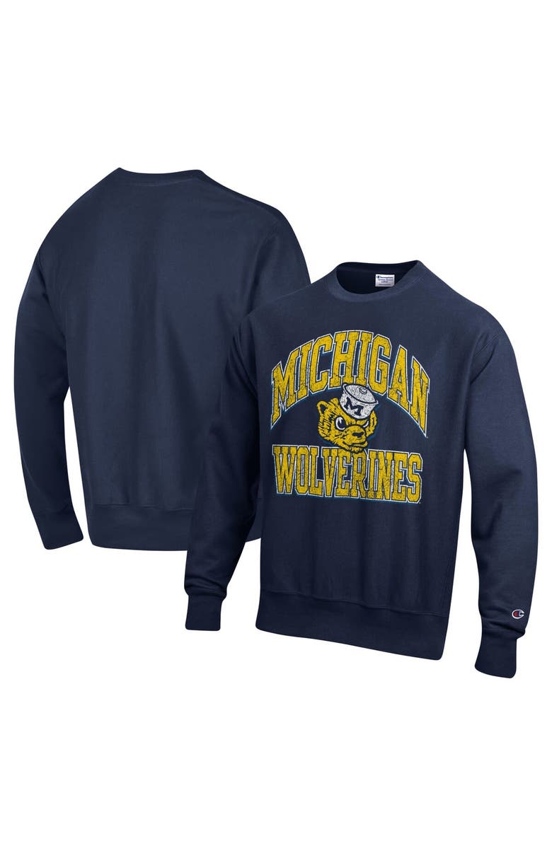 Champion Men's Champion Navy Michigan Wolverines Vault Late Night Reverse Weave Pullover Sweatshirt, Alternate, color,