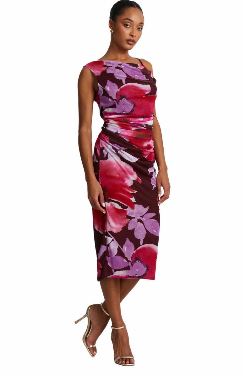 QUIZ Floral Asymmetric Ruched Maxi Dress, Alternate, color, Berry