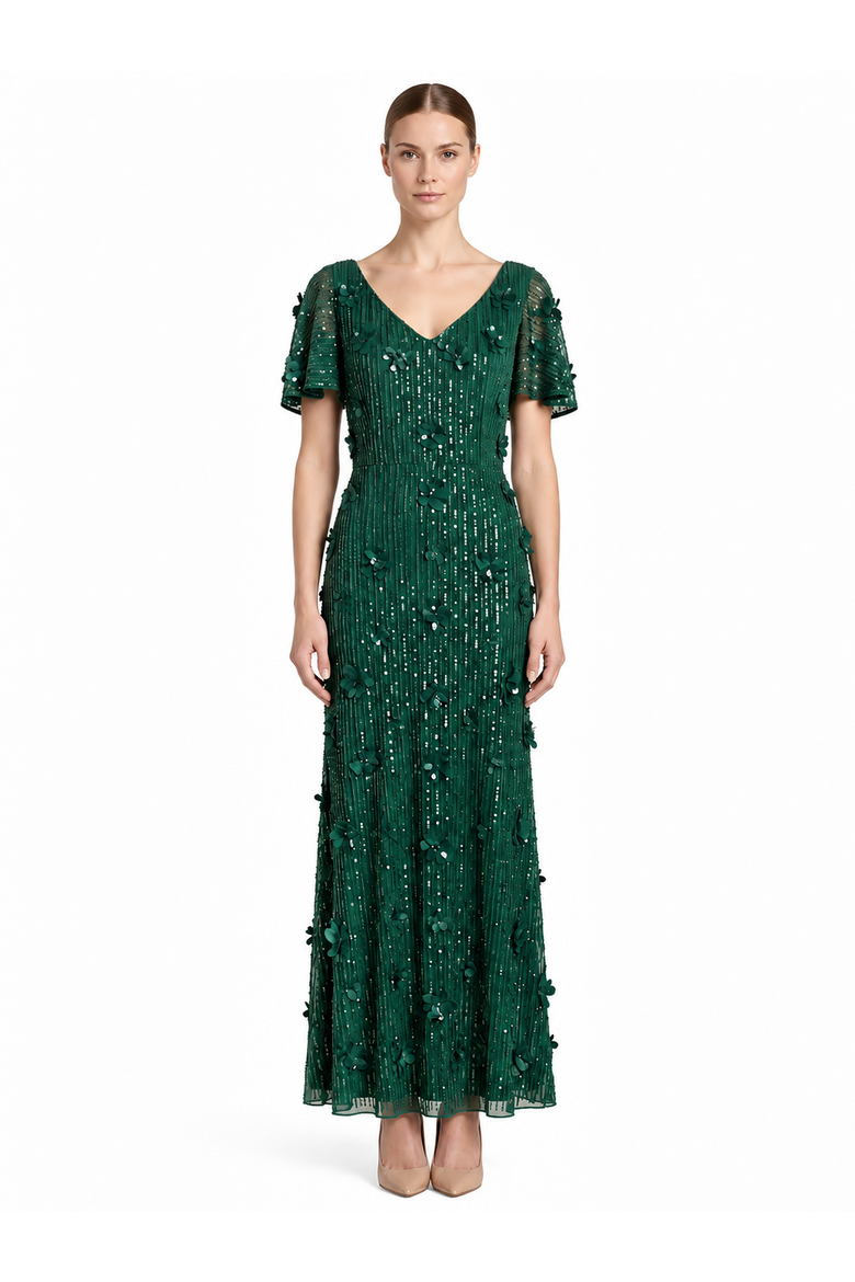 3D Floral Embellished Gown with Cape Sleeves, Main, color, Emerald