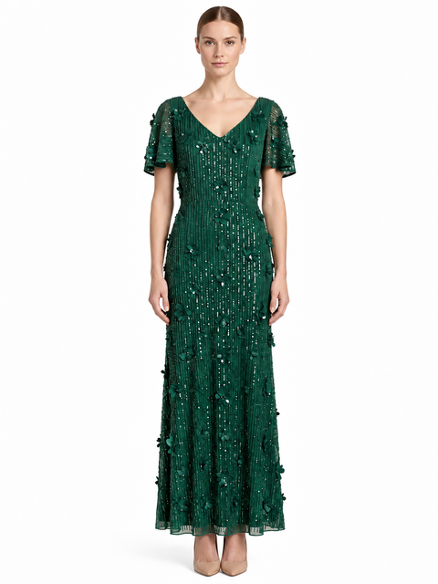 3D Floral Embellished Gown with Cape Sleeves