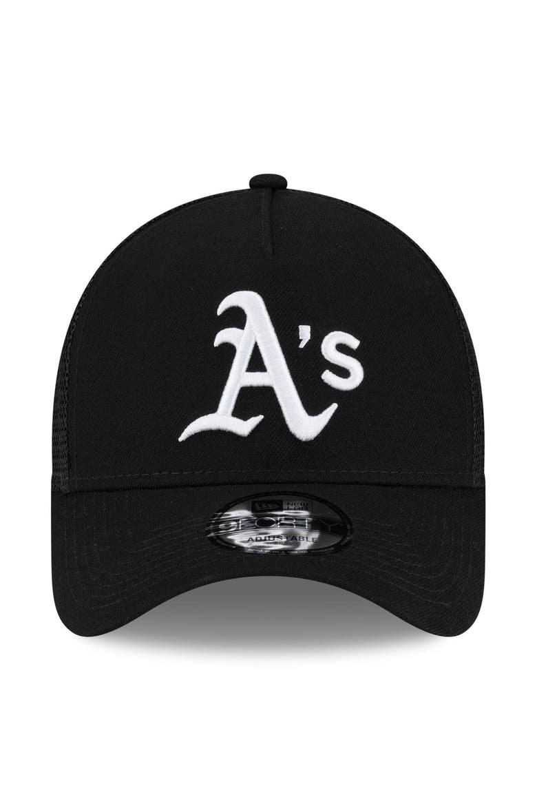 Men's New Era Black Athletics Side Script 9FORTY A-Frame Trucker Adjustable Hat, Alternate, color, Black