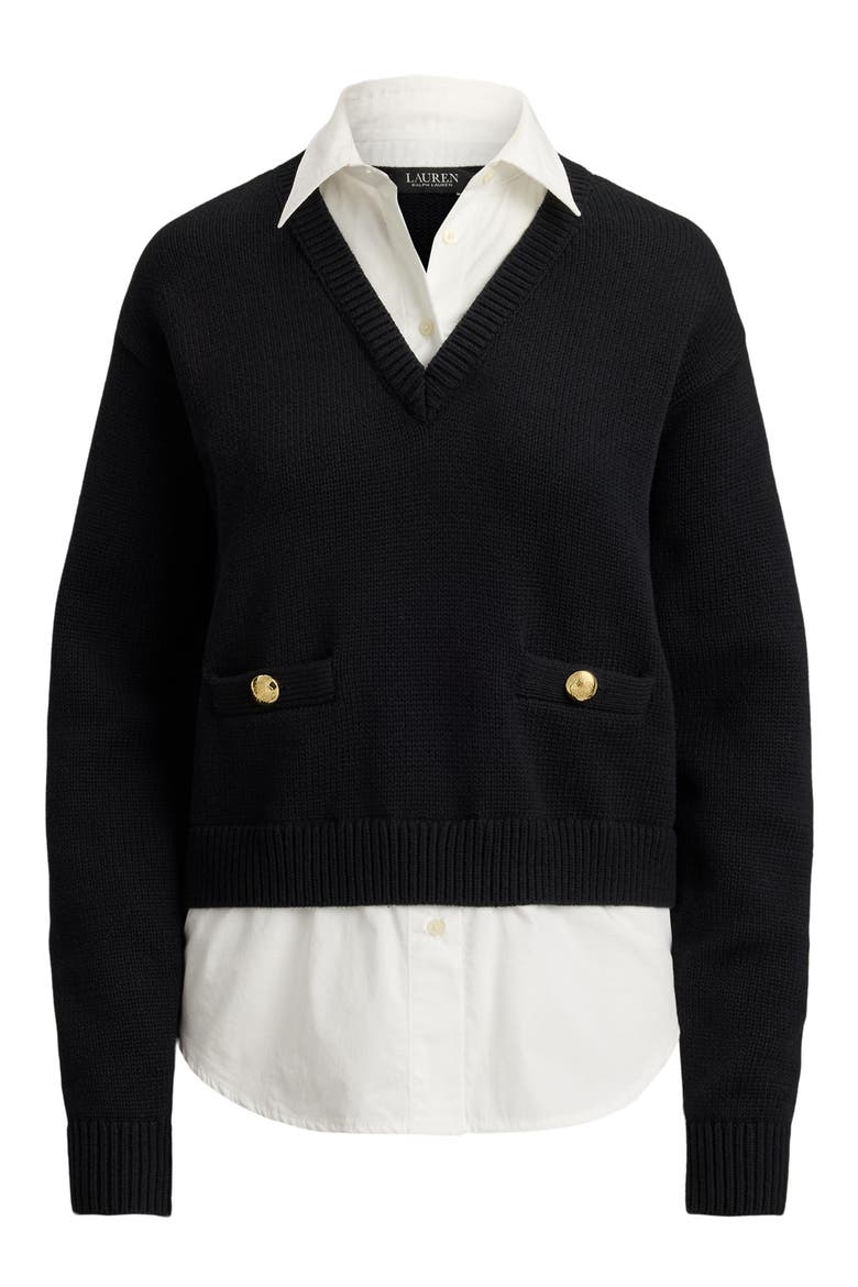 Layered Mixed Media Sweater, Alternate, color, BLACK/ WHITE