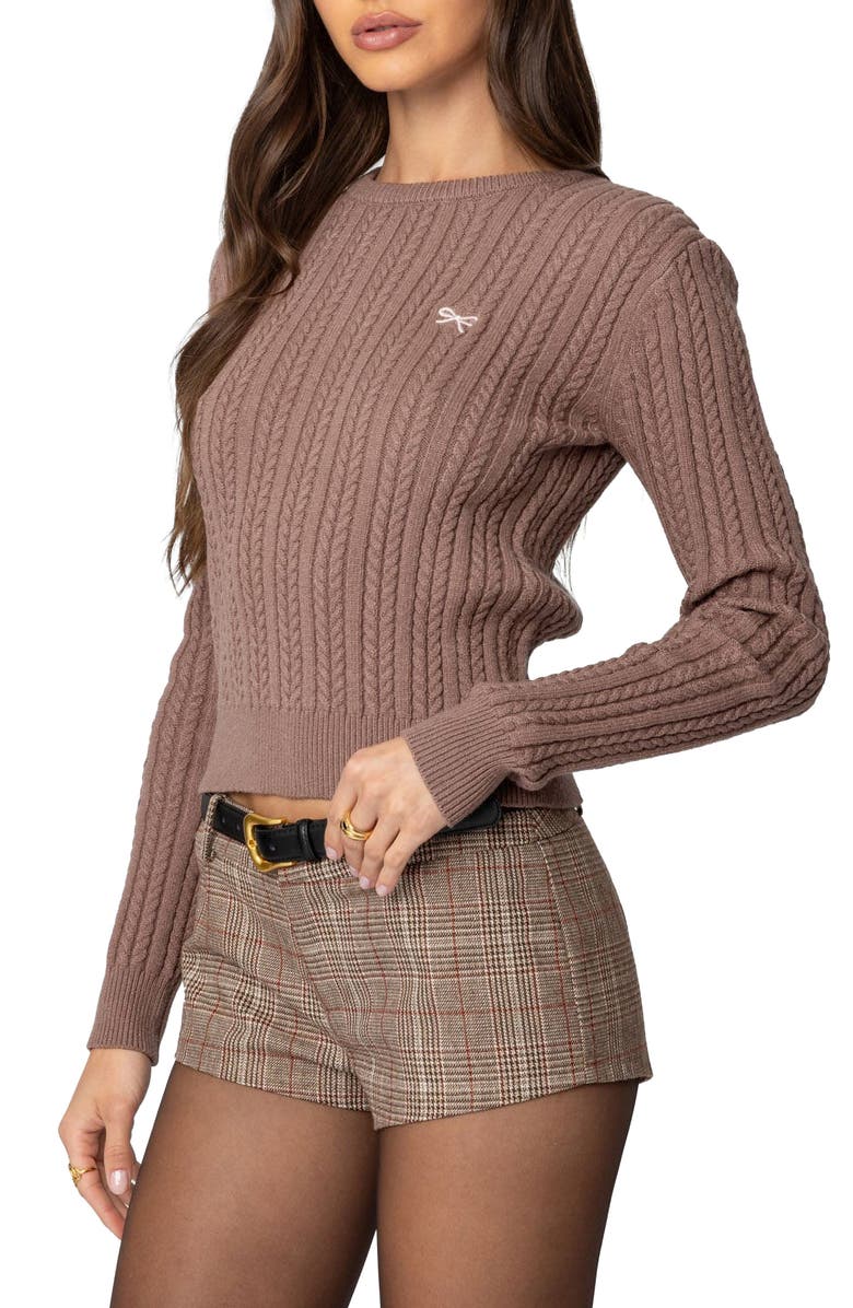 EDIKTED Beverly Bow Cable Stitch Sweater, Alternate, color, Brown