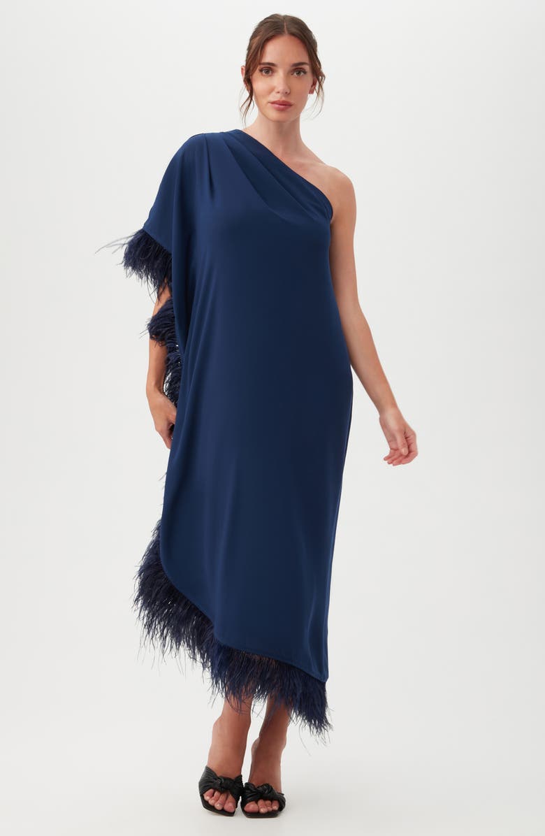 Trina Turk Largo One-Shoulder Feather Trim Caftan Maxi Dress, Alternate, color, Ink